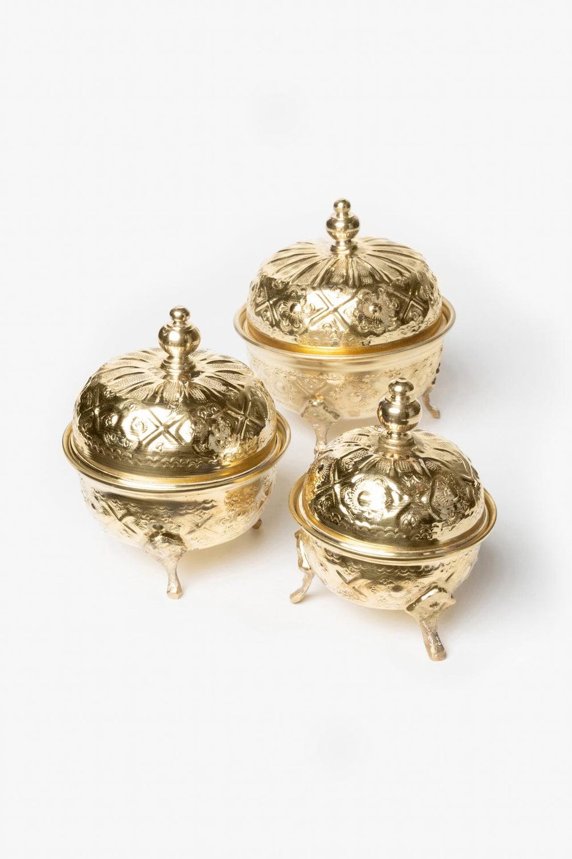 Moroccan Engraved Brass Sugar Bowl Set of 3