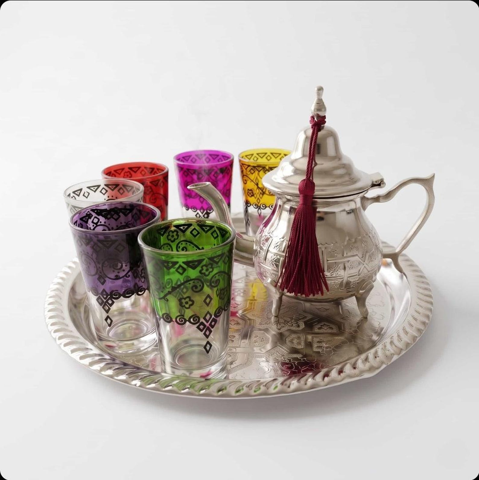 Moroccan Silver Finish Tea Set with Engraved Tray & 6 Glasses